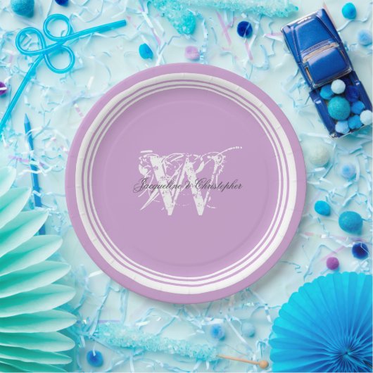 Elegant monogram chique mauve en witte bruiloft papieren bordje (Feest)