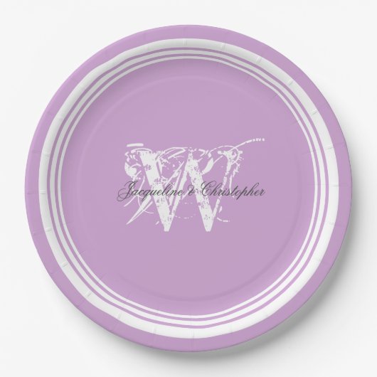 Elegant monogram chique mauve en witte bruiloft papieren bordje (Voorkant)