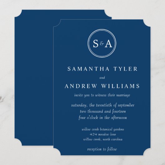 Elegant Monogram Circle Navy Blue Wedding Kaart (Voorkant / Achterkant)