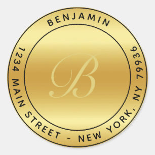 Elegant Monogram Circulair Retouradres Goud Ronde Sticker