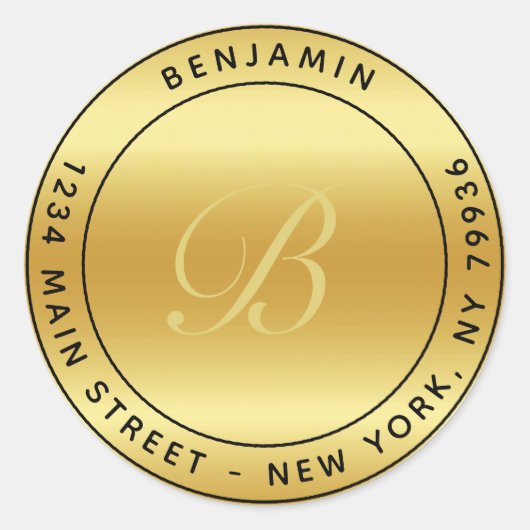 Elegant Monogram Circulair Retouradres Goud Ronde Sticker (Voorkant)