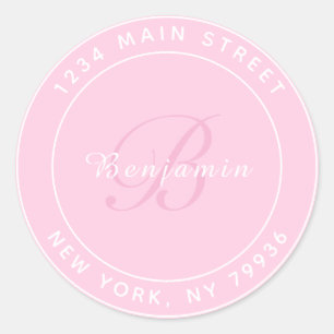 Elegant Monogram Circulair Retouradres Roze Ronde Sticker