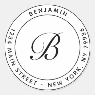 Elegant Monogram Cirkelvormig Retouradres Wit Ronde Sticker