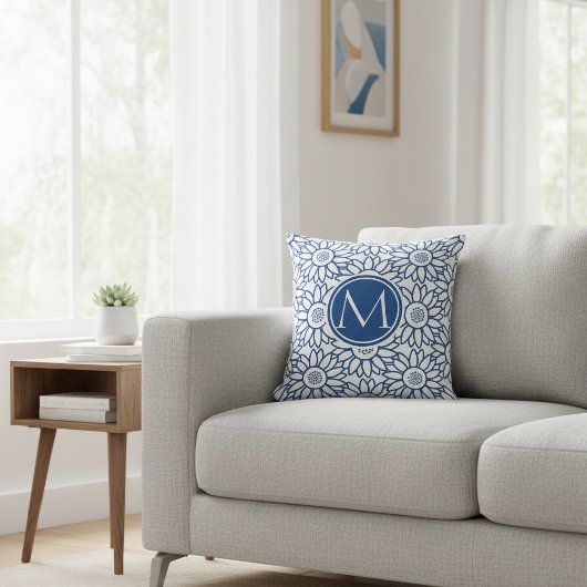 Elegant Monogram Classic Blue Sunflower Kussen