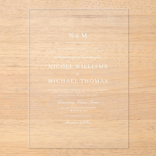 Elegant Monogram Classic Wedding Acryl Uitnodigingen (Voorkant)