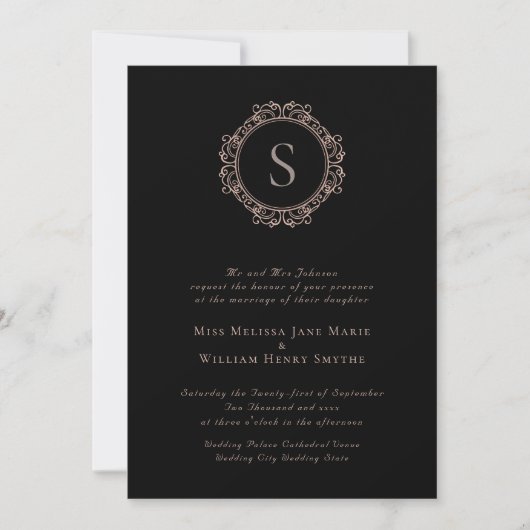 Elegant Monogram Copper Blush Black Wedding Kaart (Voorkant)