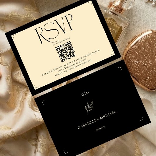 Elegant Monogram Cream and Black Wedding  RSVP Kaartje