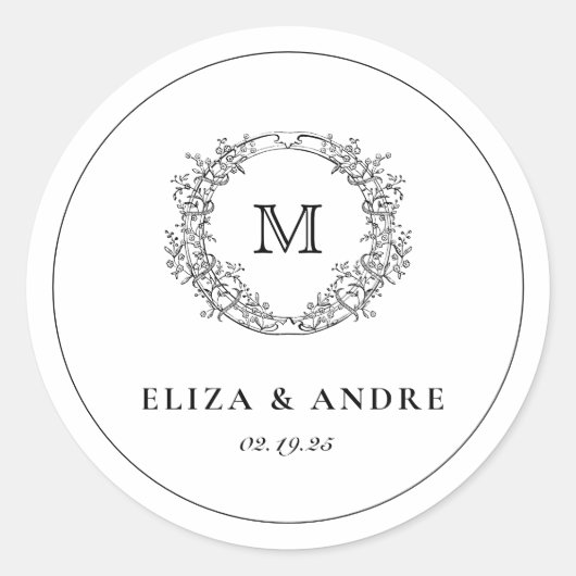 Elegant Monogram Crest Black en White Wedding Cl Ronde Sticker (Voorkant)