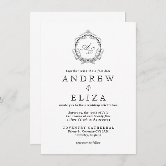 Elegant Monogram Crest Black en White Wedding Kaart (Voorkant / Achterkant)