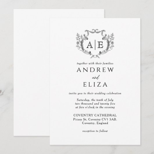 Elegant Monogram Crest Black en White Wedding Kaart (Voorkant / Achterkant)