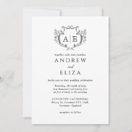 Elegant Monogram Crest Black en White Wedding Kaart