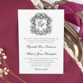 Elegant Monogram Crest Black en White Wedding Kaart