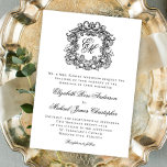 Elegant Monogram Crest Black en White Wedding Kaart<br><div class="desc">Deze formele uitnodiging voor een monogram bruiloft bevat een elegant monogram met fancy scriptkalligrafie voor de initialen van de bruid en de bruidegom,  en de namen. Vind passende producten in het collectie,  of bericht me door het Praatje van Zazzle voor meer producten en ontwerpknelpunten.</div>