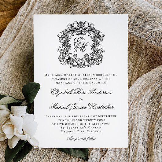 Elegant Monogram Crest Black en White Wedding Kaart