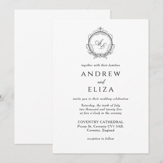 Elegant Monogram Crest Black en White Wedding Kaart (Voorkant / Achterkant)