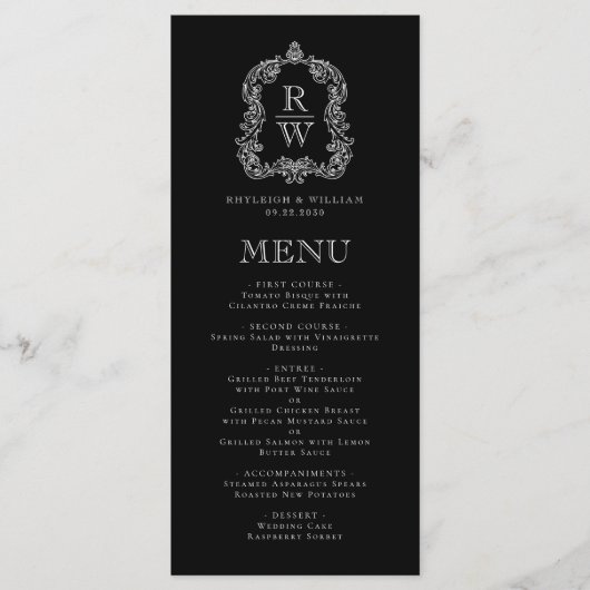 Elegant Monogram Crest Black en White Wedding Menu (Voorkant)