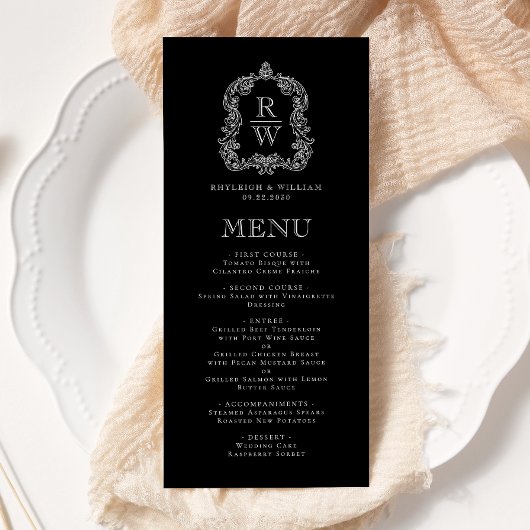 Elegant Monogram Crest Black en White Wedding Menu