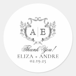 Elegant Monogram Crest Black en White Wedding Ronde Sticker