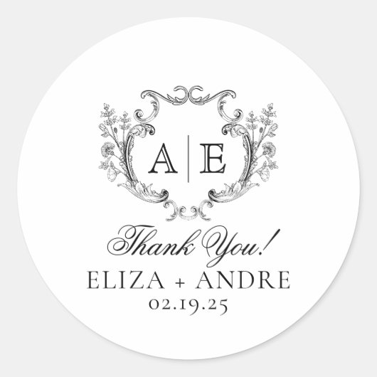 Elegant Monogram Crest Black en White Wedding Ronde Sticker (Voorkant)