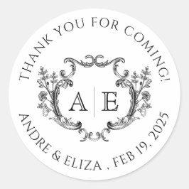 Elegant Monogram Crest Black en White Wedding Ronde Sticker