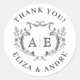 Elegant Monogram Crest Black en White Wedding Ronde Sticker