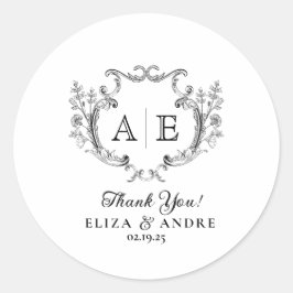 Elegant Monogram Crest Black en White Wedding Ronde Sticker