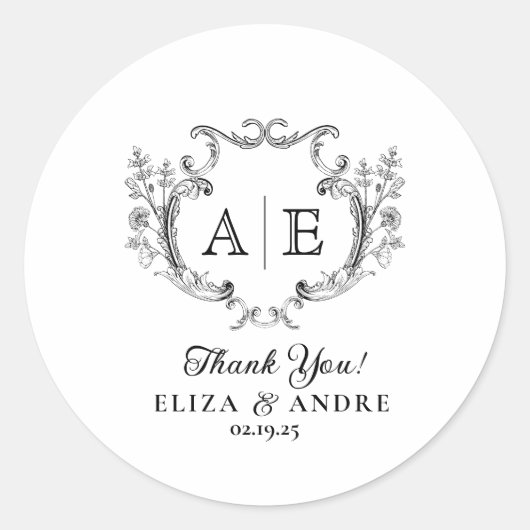 Elegant Monogram Crest Black en White Wedding Ronde Sticker (Voorkant)