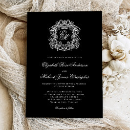 Elegant Monogram Crest Black Wedding Kaart
