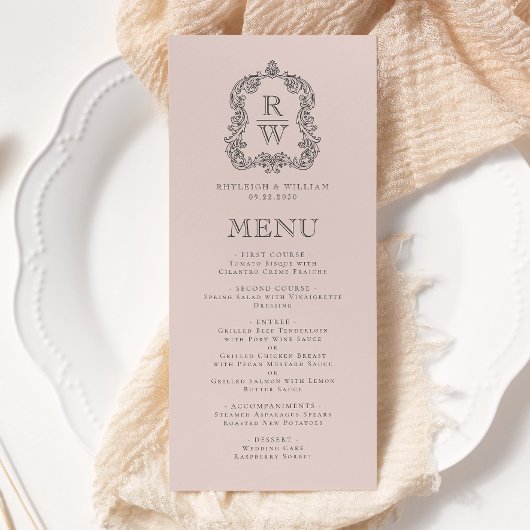 Elegant Monogram Crest Blush Pink Wedding Menu