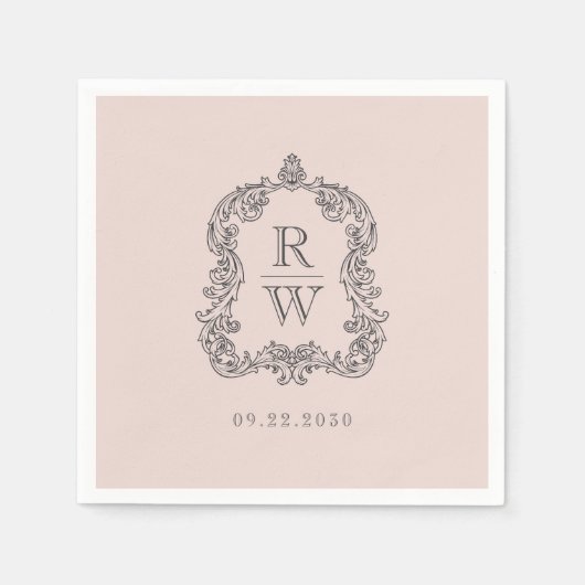 Elegant  Monogram Crest Blush Roze Bruiloft Servet (Voorkant)