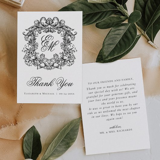 Elegant  Monogram Crest Bruiloft Bedankkaart