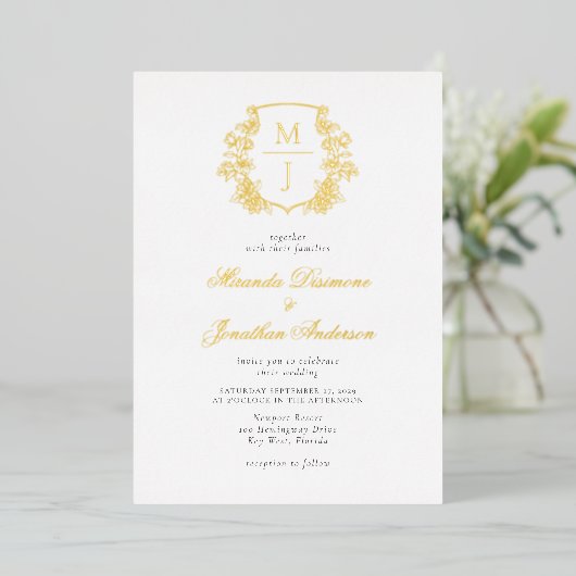 Elegant Monogram Crest Bruiloft Gouden Folie Invit Folie Uitnodiging (Staand Voorkant)
