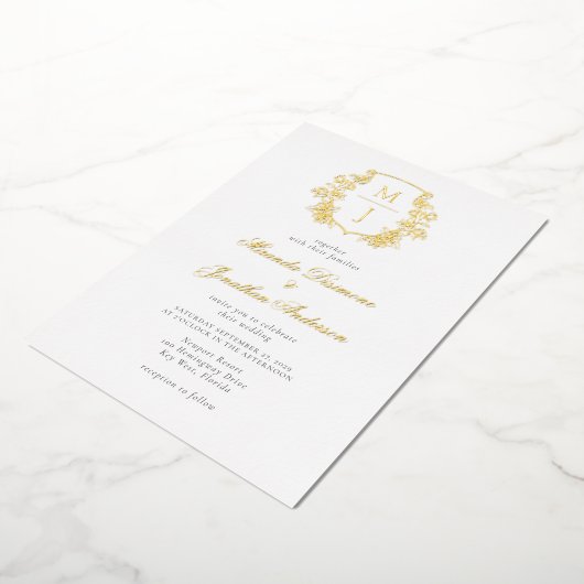 Elegant Monogram Crest Bruiloft Gouden Folie Invit Folie Uitnodiging (Gedraaid)