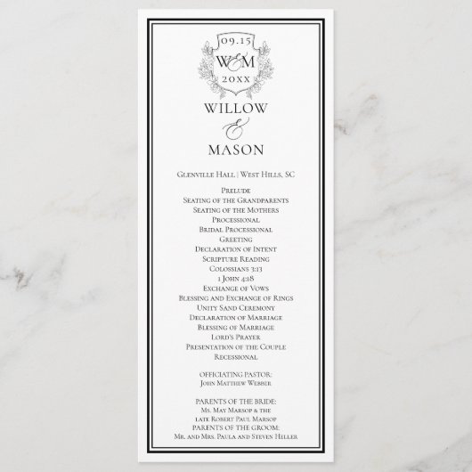 Elegant Monogram Crest Bruiloft Programmakaart (Voorkant)