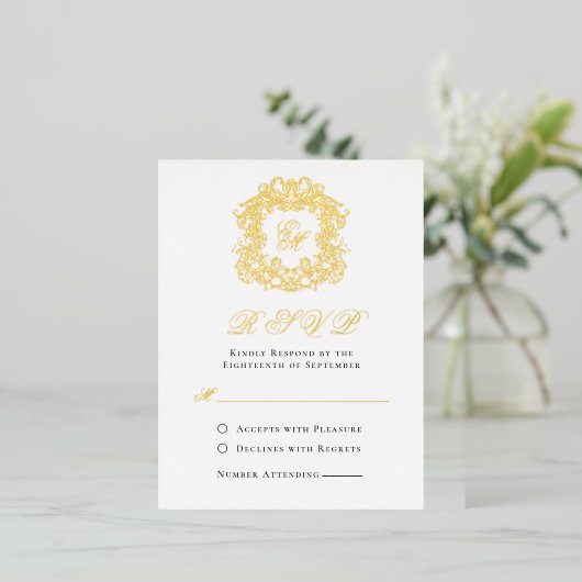 Elegant Monogram Crest Bruiloft RSVP Goudfolie Kaa Folie Uitnodiging Briefkaart (Staand Voorkant)