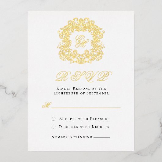 Elegant Monogram Crest Bruiloft RSVP Goudfolie Kaa Folie Uitnodiging Briefkaart (Voorkant)