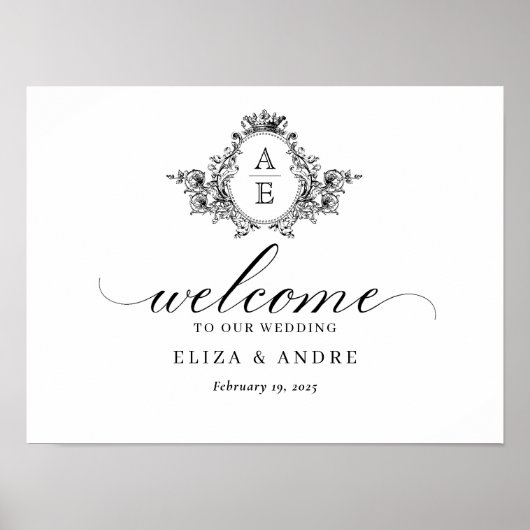 Elegant Monogram Crest Custom Wedding Welkom Teken Poster (Voorkant)