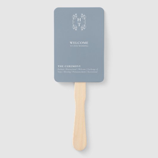 Elegant Monogram Crest Dusty Blue Wedding Programm Handwaaier (Voorkant)