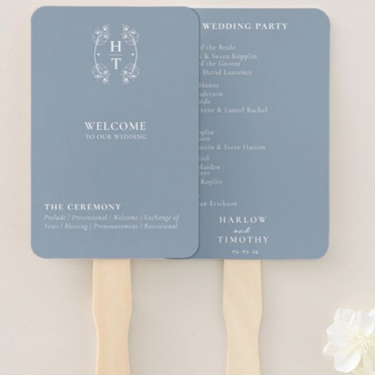 Elegant Monogram Crest Dusty Blue Wedding Programm Handwaaier