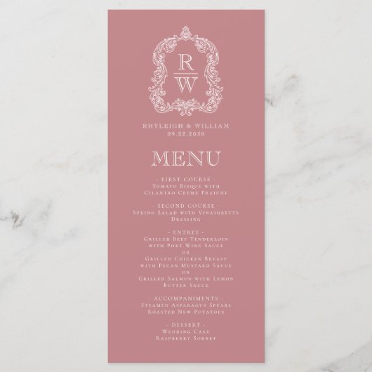 Elegant Monogram Crest Dusty Roos Wedding Menu (Voorkant)