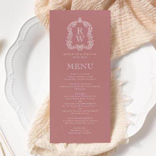 Elegant Monogram Crest Dusty Roos Wedding Menu