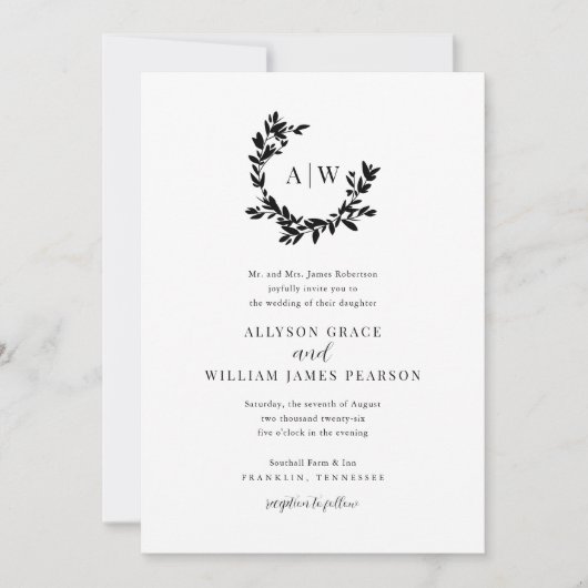 Elegant Monogram Crest Foto Botanische Bruiloft Kaart (Voorkant)