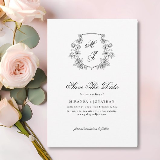 Elegant Monogram Crest Foto Zwart Wit Trouwen Save The Date