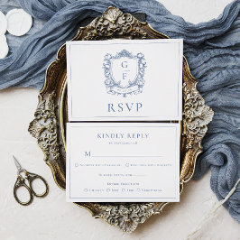 Elegant Monogram Crest Franse Rozen Blauwe bruilof RSVP Kaartje