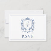 Elegant Monogram Crest Franse Rozen Blauwe bruilof RSVP Kaartje (Voorkant)