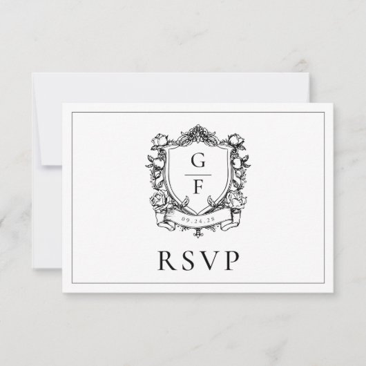 Elegant Monogram Crest Franse Rozen bruiloft RSVP Kaartje (Voorkant)