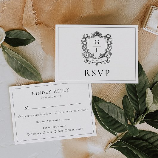 Elegant Monogram Crest Franse Rozen bruiloft RSVP Kaartje