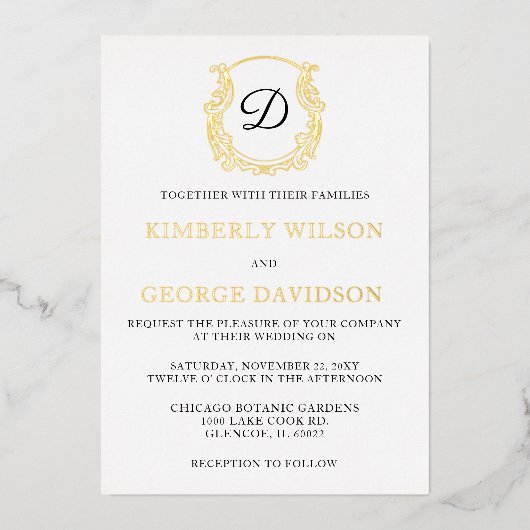 Elegant Monogram Crest Gold Wedding Folie Uitnodiging (Voorkant)