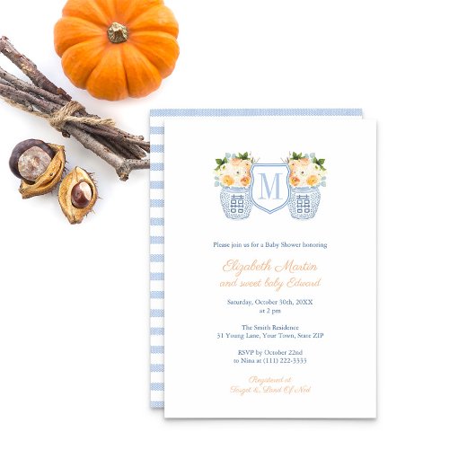 Elegant Monogram Crest Herfst Baby shower Kaart