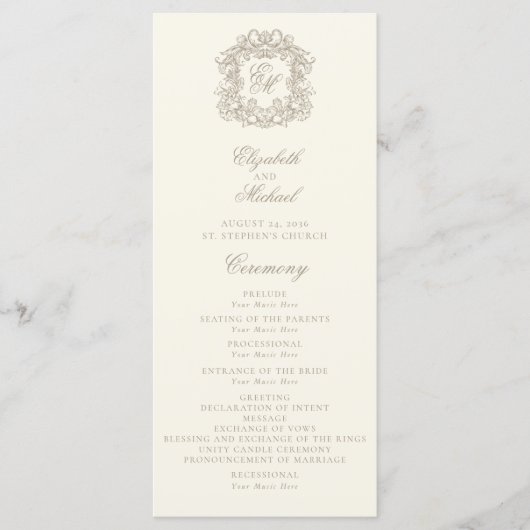 Elegant Monogram Crest Ivory Wedding Program Programmakaart (Voorkant)